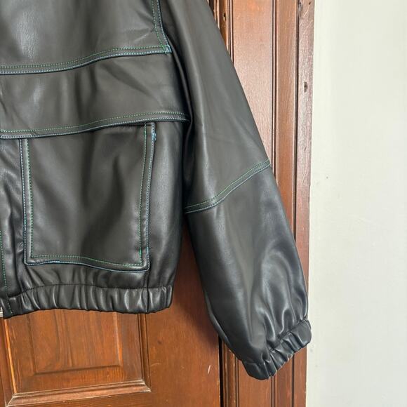Apparis Faux Leather Tierra Vegan Leather Bomber Jacket Blue Green Stitching M - Picture 7 of 9